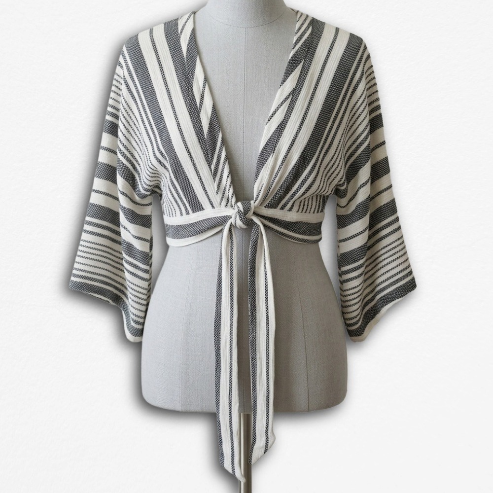 Blue Life Striped Tie Front Crop Top Kimono Sleeve Boho Black White Medium CA